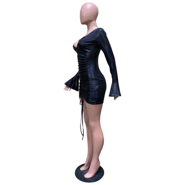 Women's Fall Winter Sexy Low Cut Bell Bottom Sleeve Drawstring Lace-Up Dress