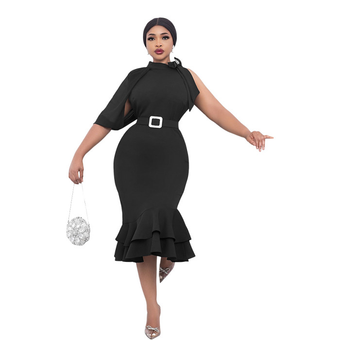 Women African Turtleneck Bow Belted Fishtail Skirt