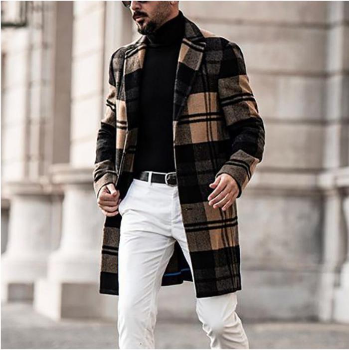 H men's plaid woolen trench coat