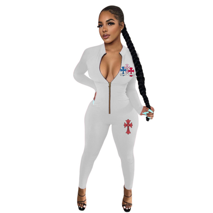 Women Sexy Slim Zip Print Long Sleeve Jumpsuit