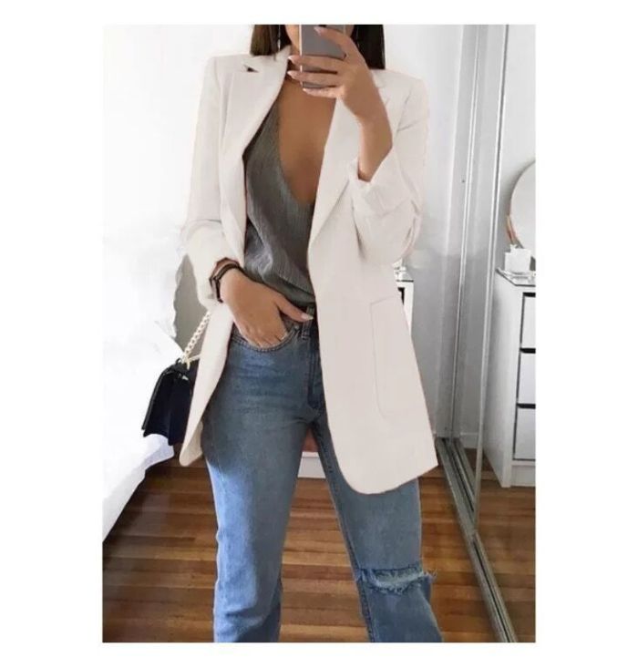 Fall Winter Solid Color Turndown Collar Slim Cardigan Chic Blazer