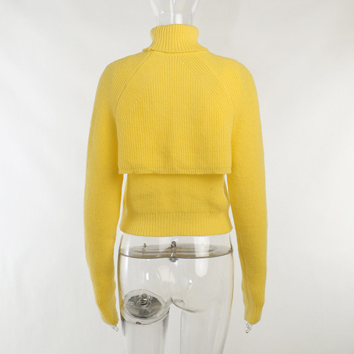 Women Casual Cutout Sweater Solid Turtleneck Two-Piece Set