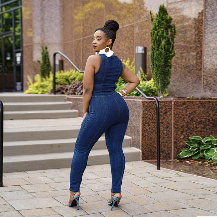 Women'S High Stretch Zippered Suspenders Casual Denim Jumpsuit