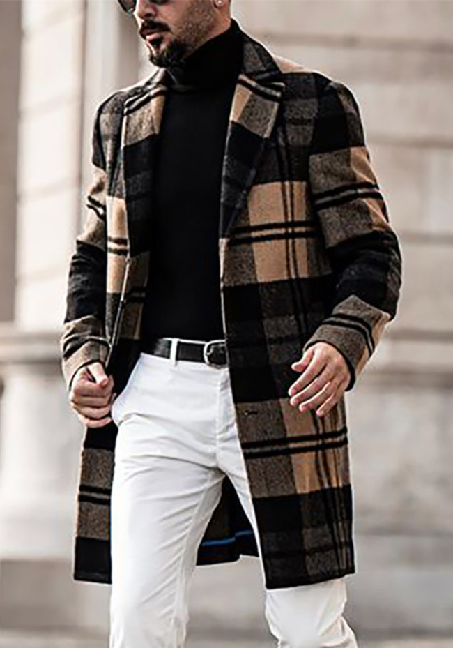 H men's plaid woolen trench coat