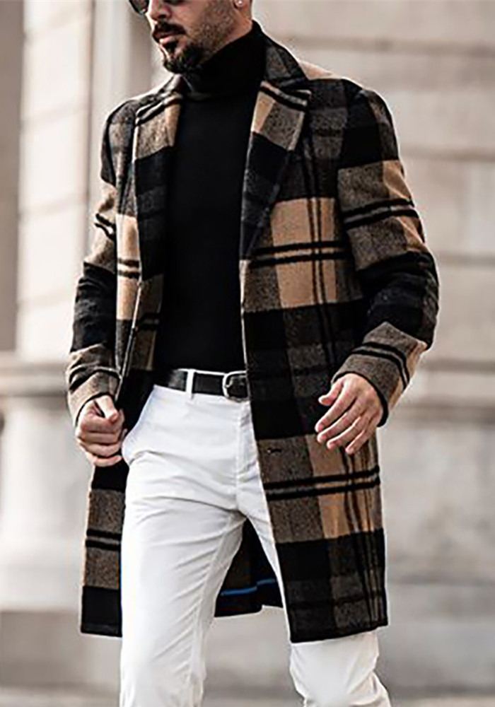 H men's plaid woolen trench coat