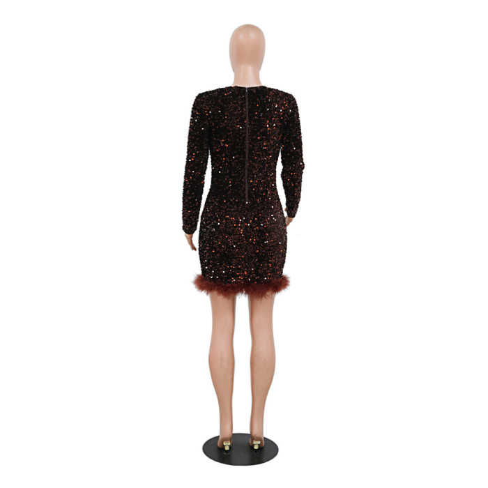 Women's Sexy See-Through Beaded Dress Long Sleeve Feather Jumpsuit