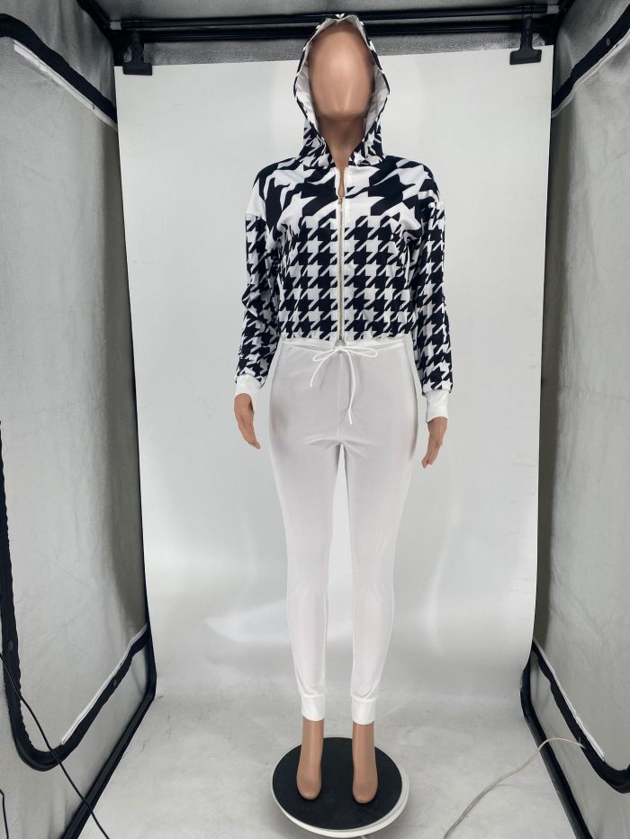 Women's Fall Positioning Print Hooded Zip Casual Two-Piece Set