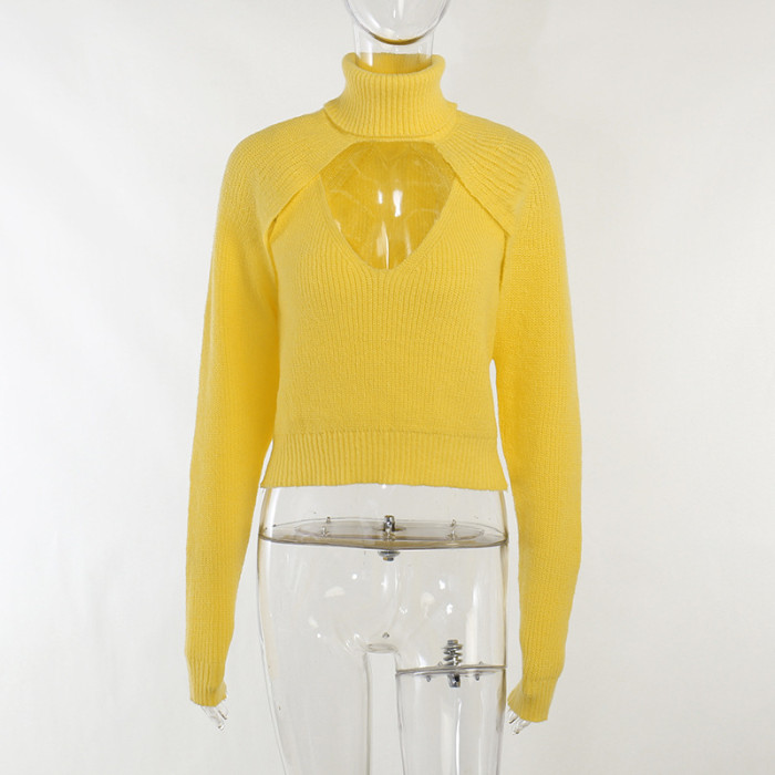 Women Casual Cutout Sweater Solid Turtleneck Two-Piece Set