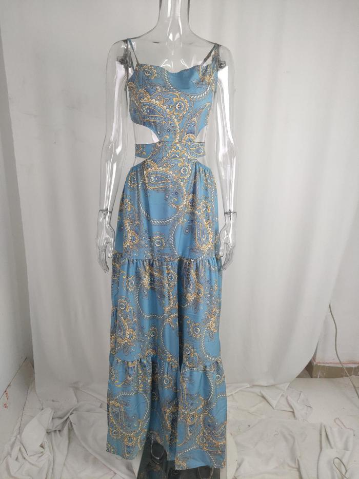 Women's Fall Chic Elegant Sleeveless Print Tie High Waist Dress