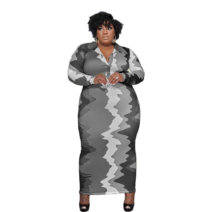 Autumn Street Trendy Women's Knitting Shirt Collar Bodycon Plus Size Dress