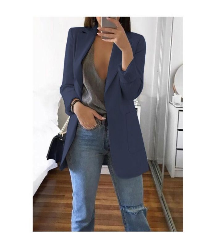 Fall Winter Solid Color Turndown Collar Slim Cardigan Chic Blazer