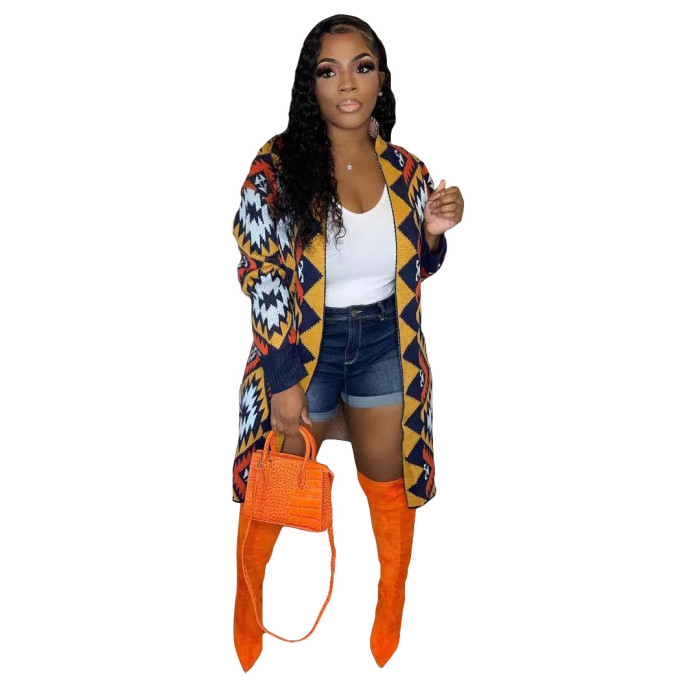Women Multi-Color knitting Long Sleeve Long Coat