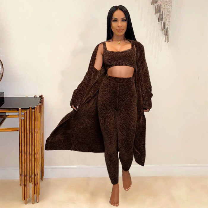 Women Casual Fleece Coat crop top and pant 3 Piece set