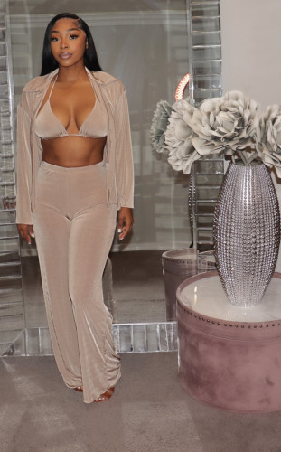 Women Sexy velvet Tops and Wide Leg Pants Three-Piece