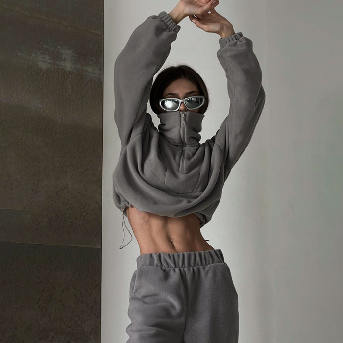 Women Solid Zip Turndown Collar Bungee Cord Long Sleeve Top