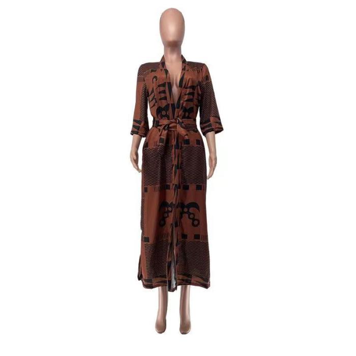 Women'S Digital Positioning Print Brown Long Fashion Trench Coat