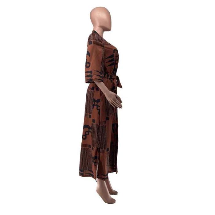 Women'S Digital Positioning Print Brown Long Fashion Trench Coat