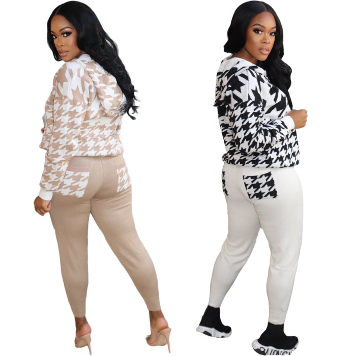 Women's Fall Positioning Print Hooded Zip Casual Two-Piece Set