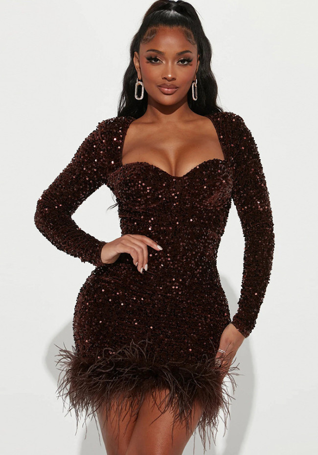 Women's Sexy See-Through Beaded Dress Long Sleeve Feather Jumpsuit