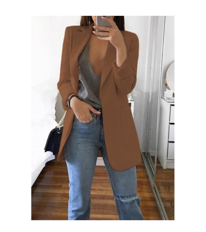 Fall Winter Solid Color Turndown Collar Slim Cardigan Chic Blazer