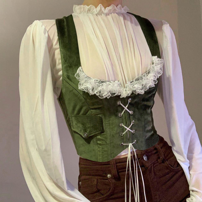 Women Fall Lace Vest Lace-Up Corset Top