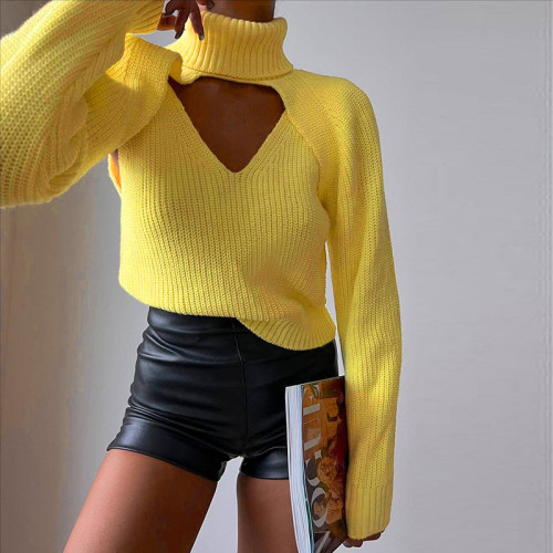 Women Casual Cutout Sweater Solid Turtleneck Two-Piece Set