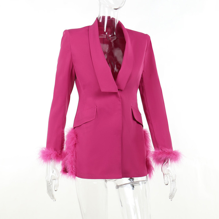 Women Sexy Split V-Neck Fur Bodycon Blazer Dress