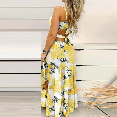 Women's Fall Chic Elegant Sleeveless Print Tie High Waist Dress