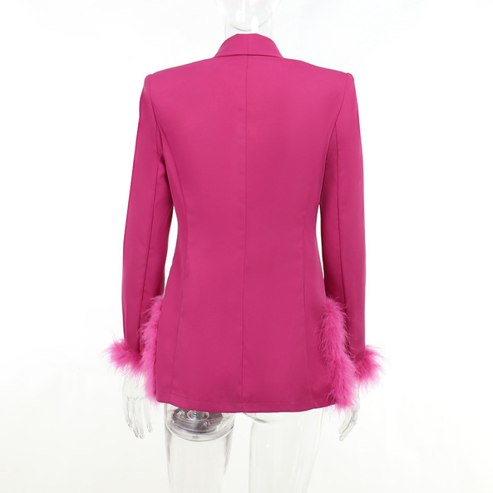 Women Sexy Split V-Neck Fur Bodycon Blazer Dress