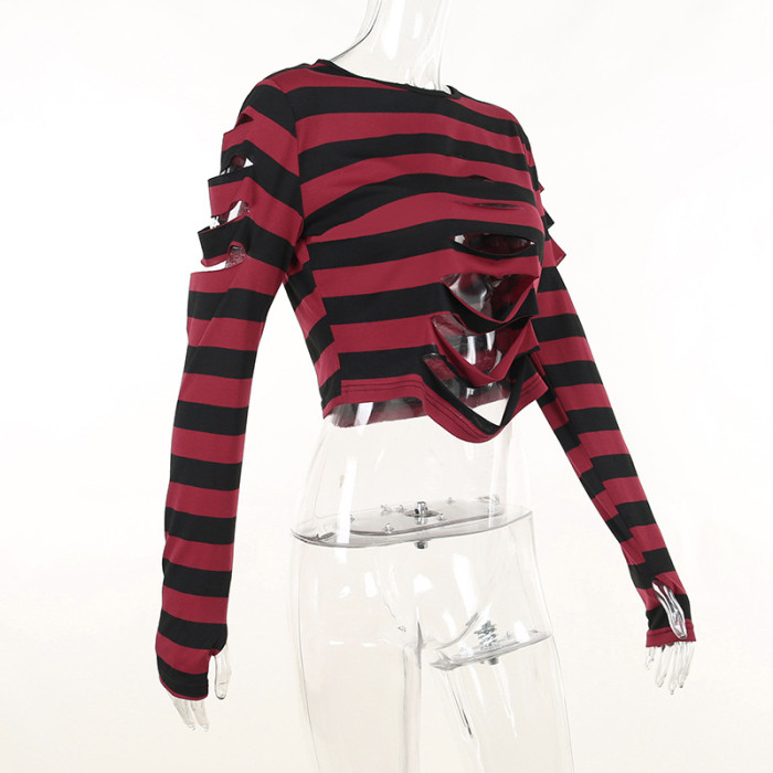 Women Fall Hollow Out Striped Long Sleeve T-Shirt