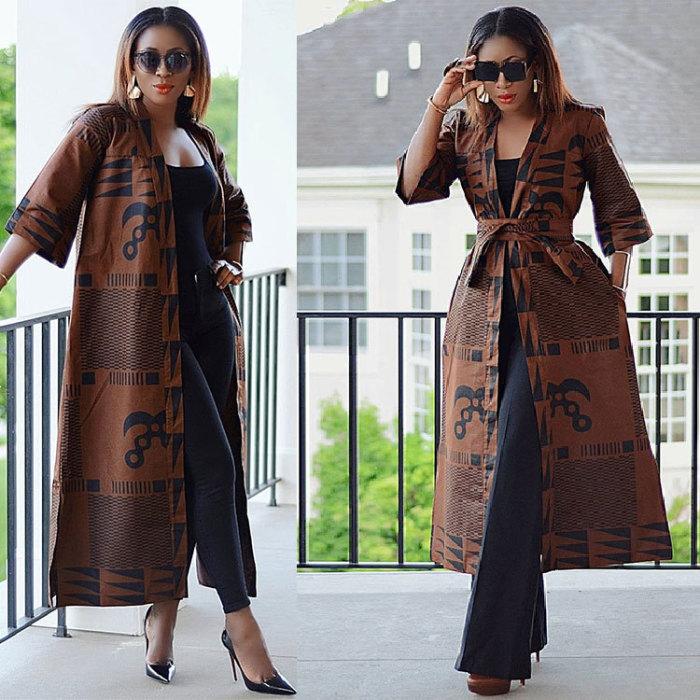 Women'S Digital Positioning Print Brown Long Fashion Trench Coat