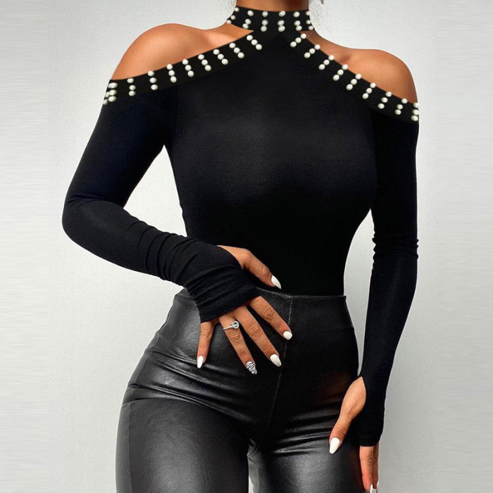 Women's Fashion Off Shoulder Beaded Long Sleeve Top