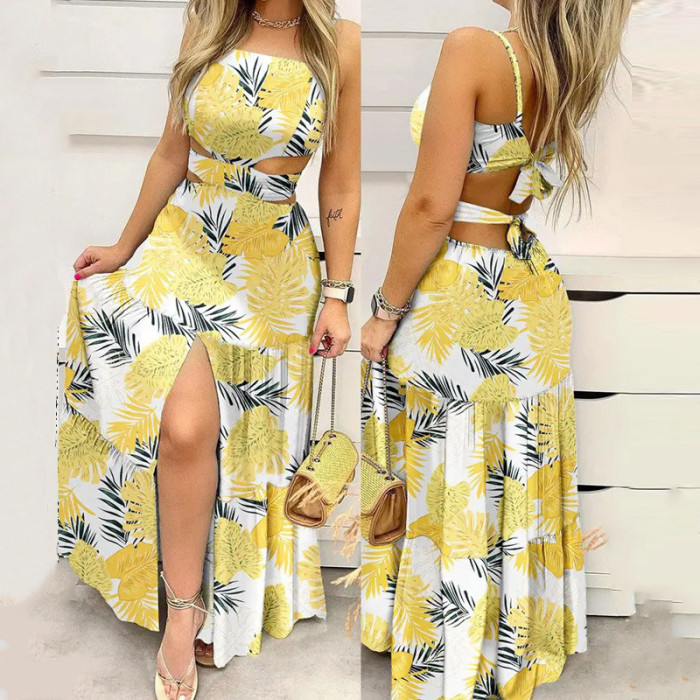Women's Fall Chic Elegant Sleeveless Print Tie High Waist Dress