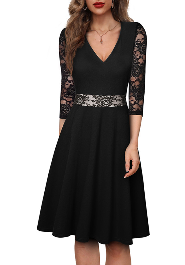 Women Patchwork Lace Long Sleeve Dress