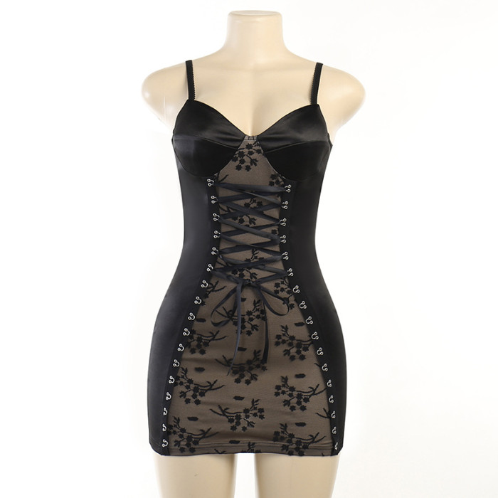 Women Casual Lace Patchwork Plunging Lace-Up Bodycon Dress