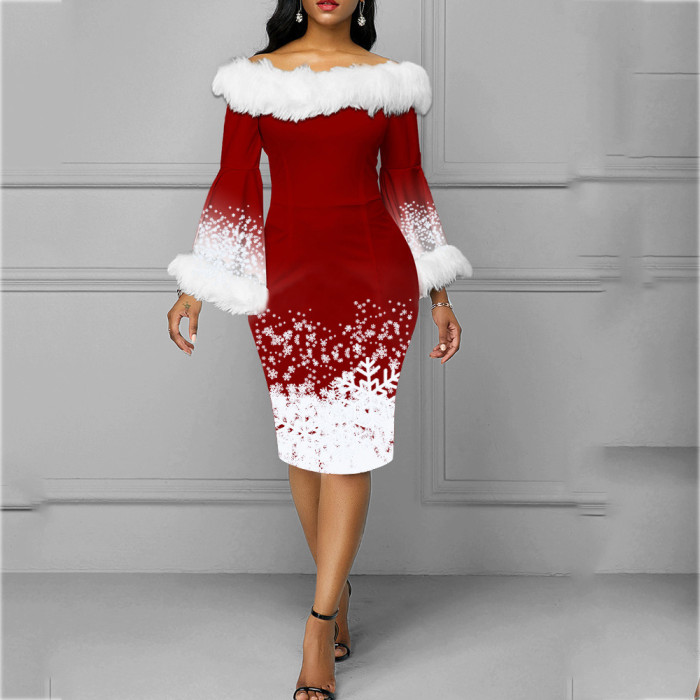 Christmas Women Long Sleeve Bodycon Dress