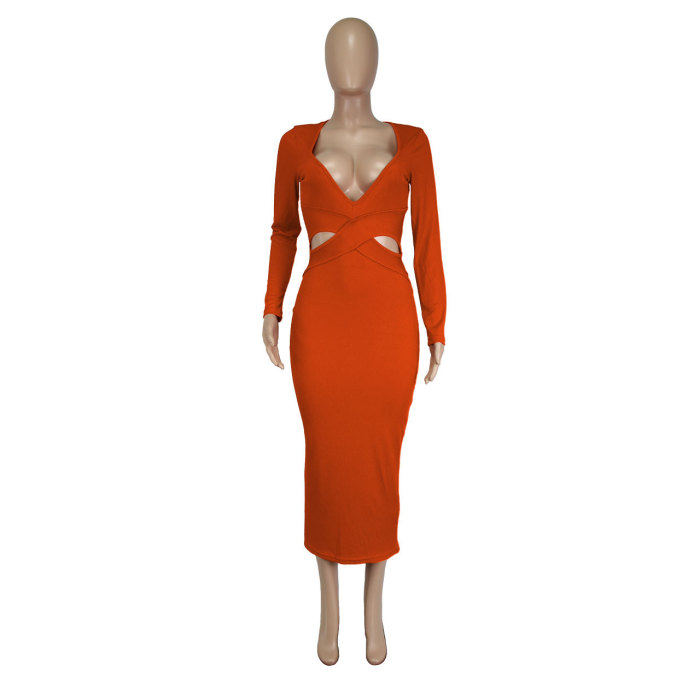 Autumn And Winter Ribbed Deep V-Neck Sexy Hollow Slim Dress