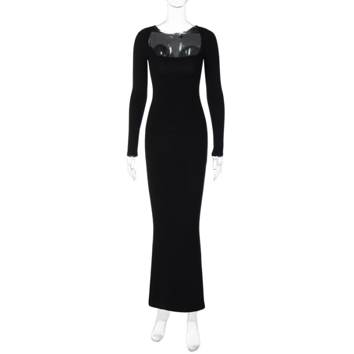 Women's Casual Chic Square Neck Long Sleeve Slim Fit Maxi Dress