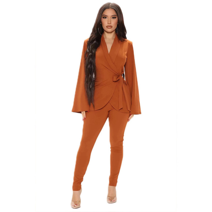 Women'S Clothes Solid Color Bell Bottom Sleeve Waist Belt Fashion Suit For Women