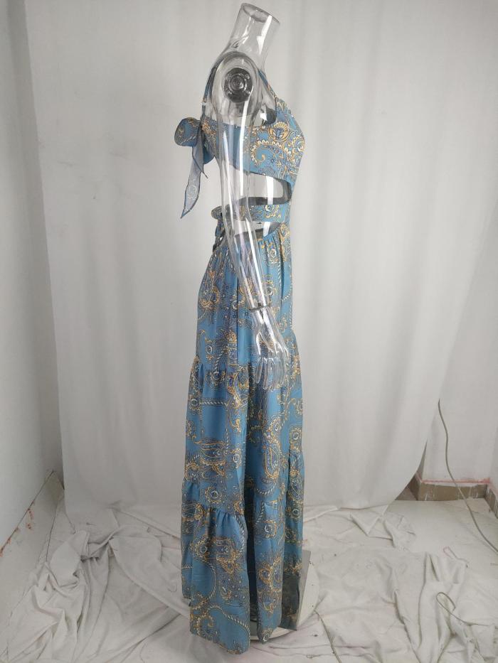 Women's Fall Chic Elegant Sleeveless Print Tie High Waist Dress