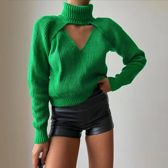 Women Casual Cutout Sweater Solid Turtleneck Two-Piece Set