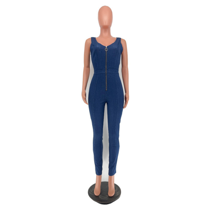 Women'S High Stretch Zippered Suspenders Casual Denim Jumpsuit