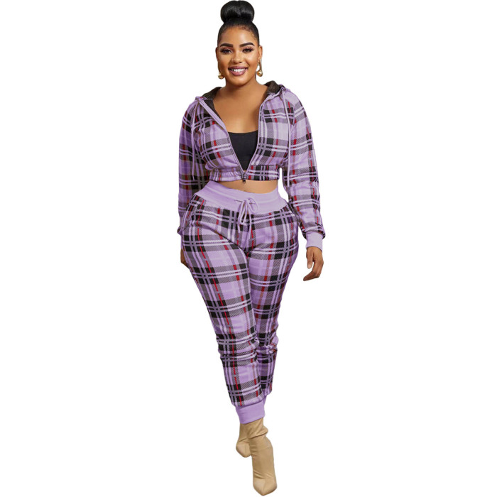 Women Plaid Zip op and Pant Two Piece