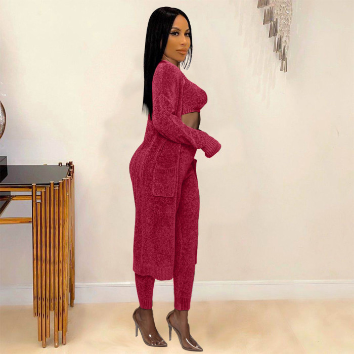 Women Casual Fleece Coat crop top and pant 3 Piece set