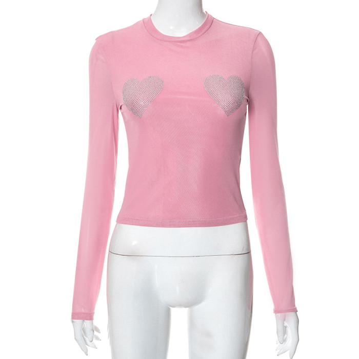 Women Fall Round Neck Long Sleeve Mesh Heart Print Beaded Top