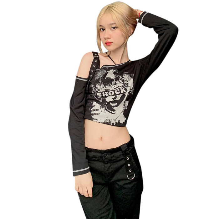 Women Vintage Print Pu-Leather Buckle Shoulder Strap Slash Shoulder 3/4 Sleeve Top
