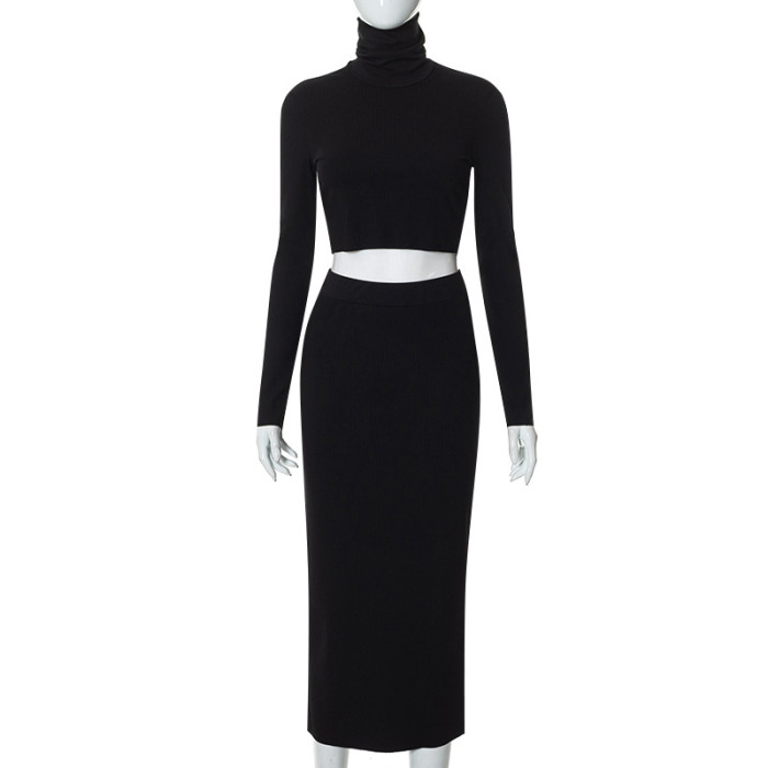 Women's Fall Sexy Crop Long Sleeve Bodycon Two-Piece Suit