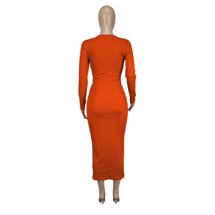 Autumn And Winter Ribbed Deep V-Neck Sexy Hollow Slim Dress