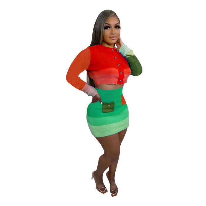 Women Casual Knitting Contrast Top and mini Skirt Two Piece