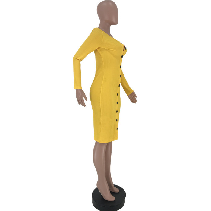 Women's Sexy Solid Color Ribbed Button Dress